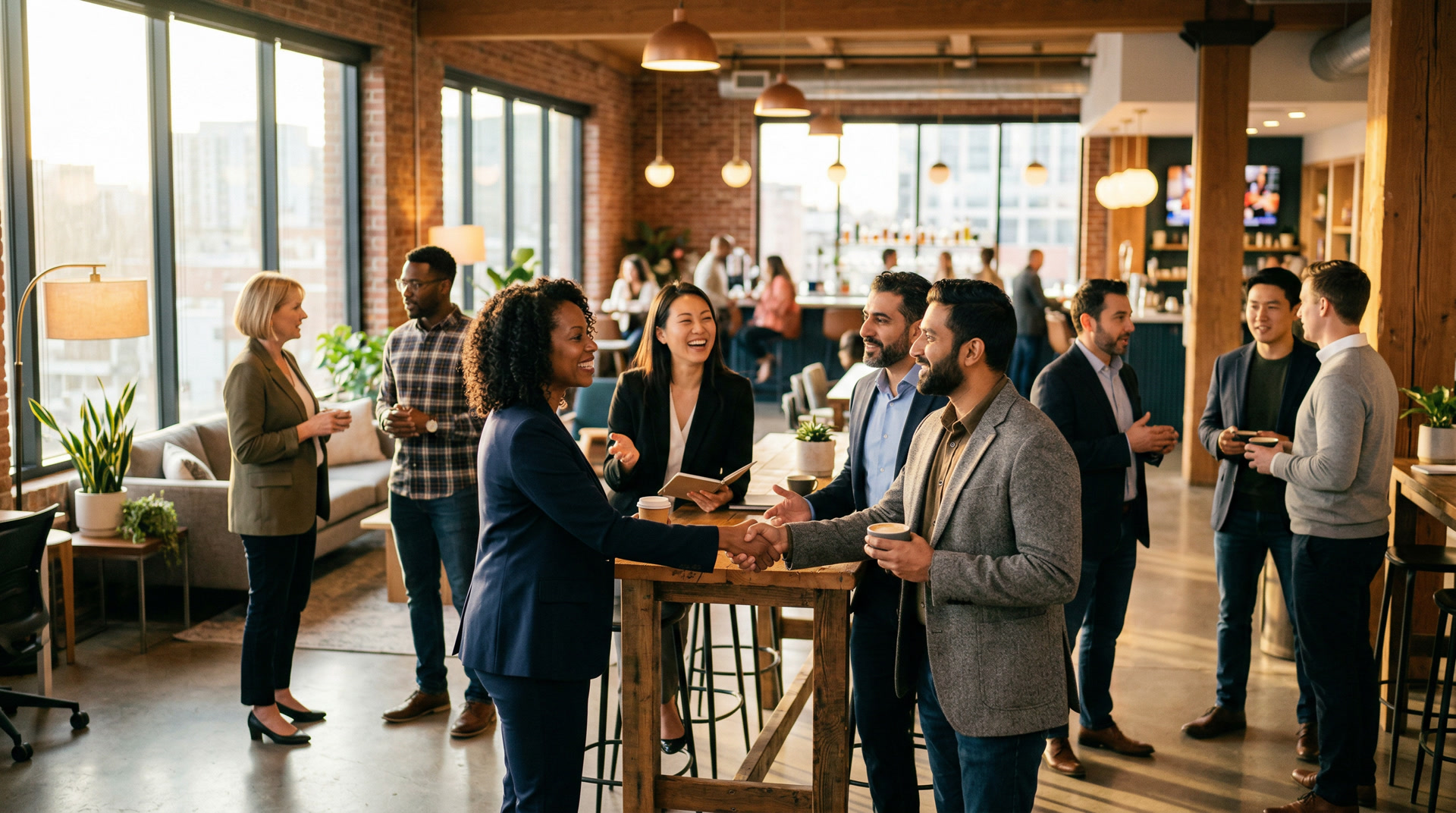 Diverse business professionals networking in a bright, modern co-working space